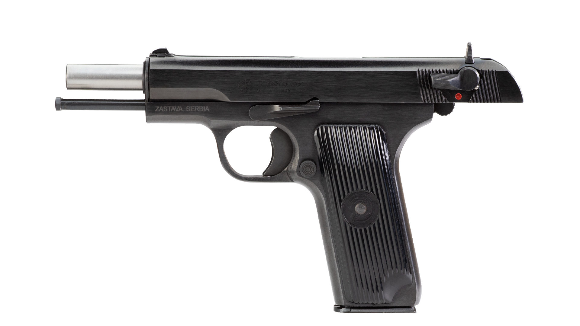 m57a pistol blued open slide left angle