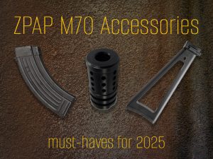 ZPAP M70 accessories: ZastavaArms mounts, Hot-Lock, VUK suppressor, alignment rod, factory magazines, slings, and furniture