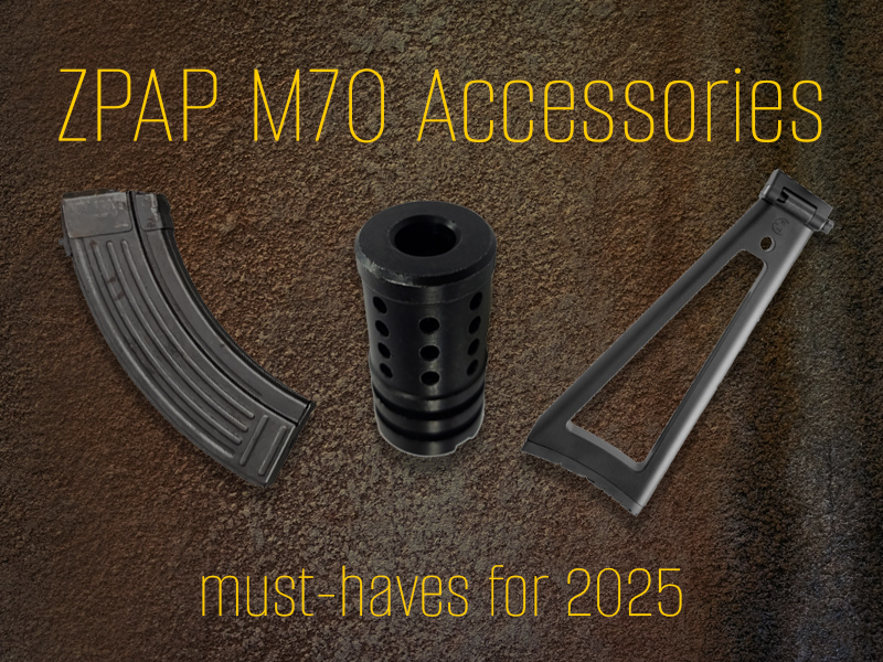 ZPAP M70 accessories: ZastavaArms mounts, Hot-Lock, VUK suppressor, alignment rod, factory magazines, slings, and furniture